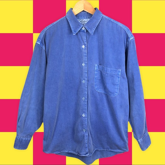 Vintage Tops - Vintage Bright Oversized Blue Button Down Denim Pocket Long Sleeve Shacket Shirt